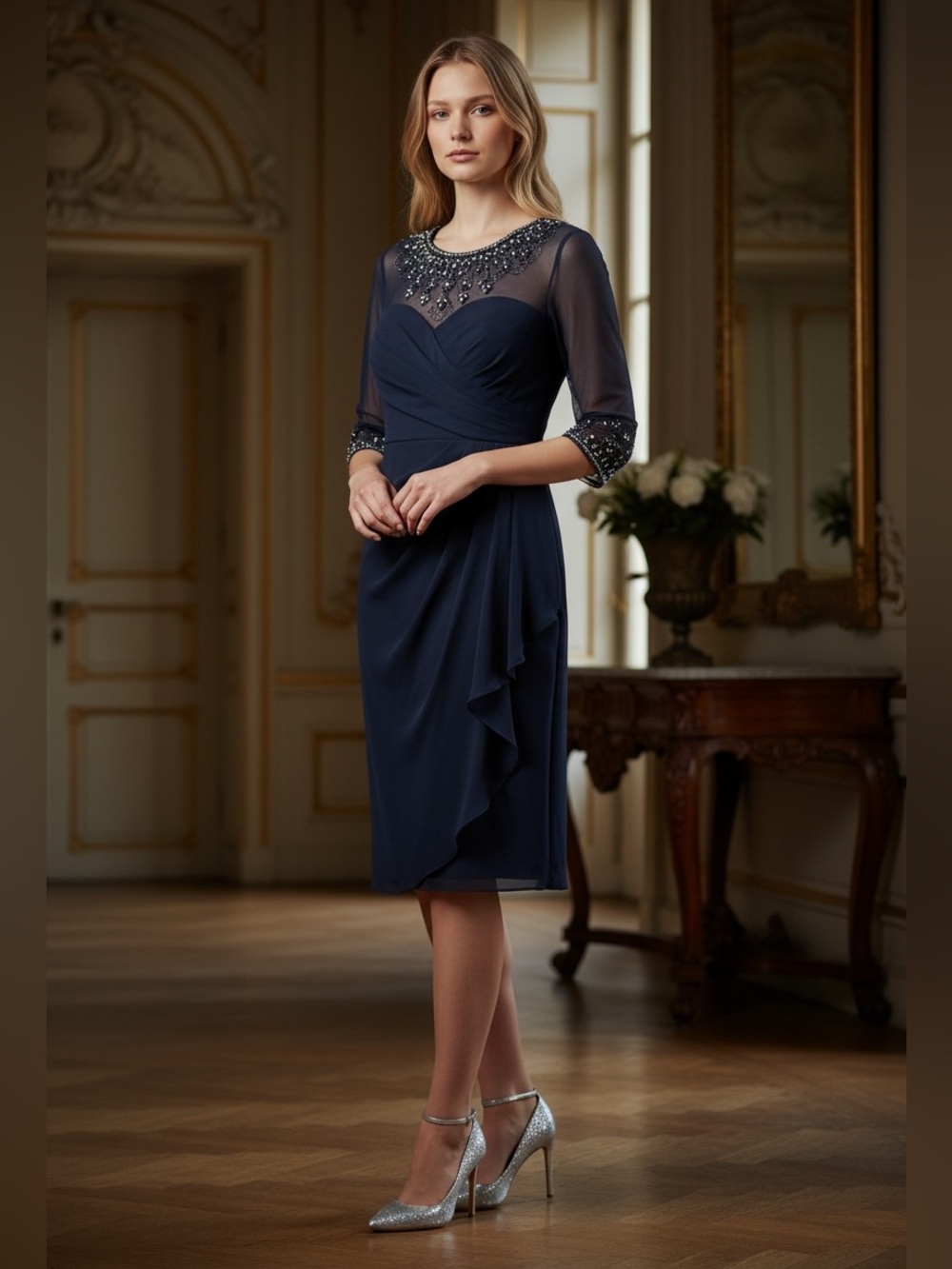Alex Evenings Navy Blue Formal Dress Beaded Illusion Top and sleeves sz 10 P